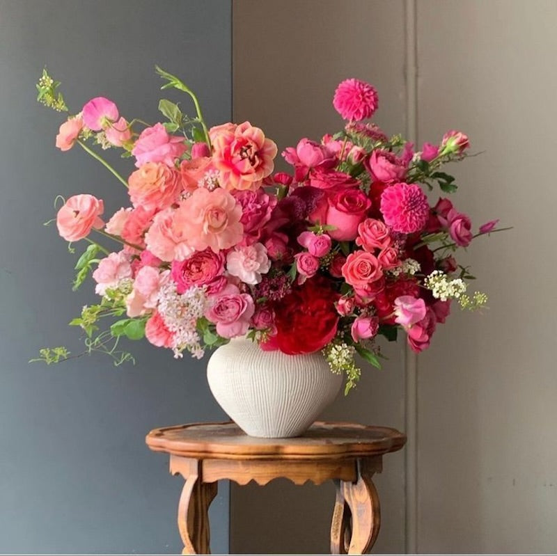 Rose All Day Signature Vase Arrangement featuring blush pink roses , dusty rose blooms, and mauve florals in a keepsake vase, by April Flowers Burnaby