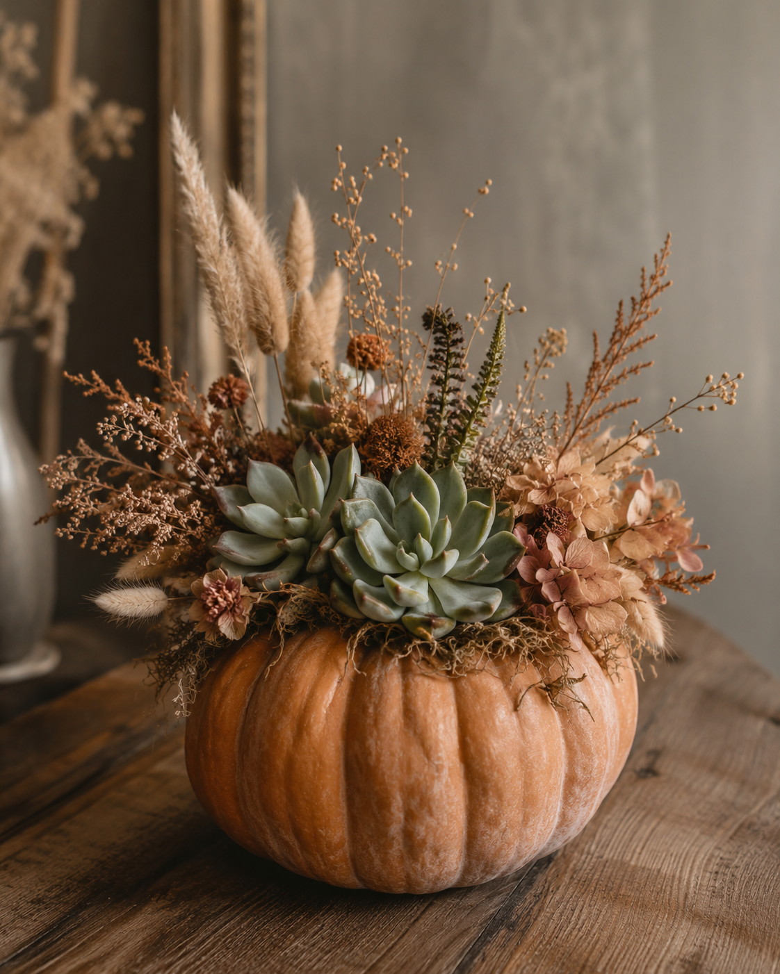 Pumpkin succulent arrangement with dried grasses and botanicals, made at April Flowers fall workshop in Burnaby