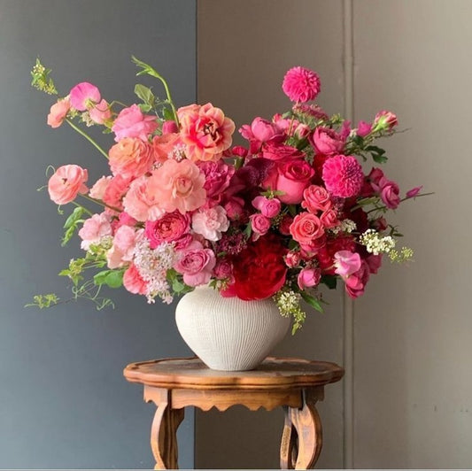 Rose All Day Signature Vase Arrangement featuring blush pink roses , dusty rose blooms, and mauve florals in a keepsake vase, by April Flowers Burnaby
